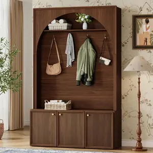 Farmhouse Hall Tree with Bench and 3 Cabinets, 4-in-1 Entryway Coat Rack with 4 Golden Hooks and Top Compartments, 77.5" Retro Arched Entryway Hall Tree for Hallway, Mudroom, Entrance, Walnut