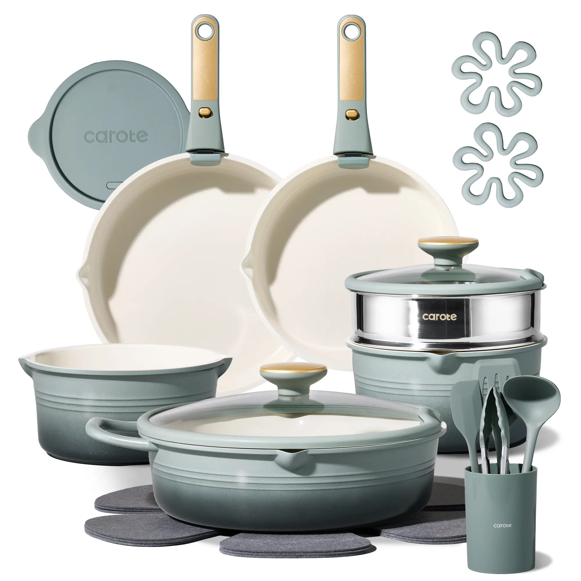 [Official]CAROTE 22Piece Gradient Color Ceramic Cookware Set Nonstick with Detachable Handle,Steamer, Utensils Set, Big Capacity