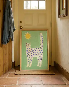 [SALE UP TO 50% + FREE SHIP] Cat And The Sun Print - Whimsical Cat Wall Decor - Abstract Animal Wall Art - Quirky White Cat Poster