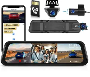 3 Channel 9.66" Mirror Dash Cam with Front 2K, Inside & Rear 1080P with WiFi, G-Sensor, Loop Record, Enhanced Night Vision, Reverse Assist, Parking Monitoring, Free 64GB Card, car accessories,SummerVibes fathersdaygift