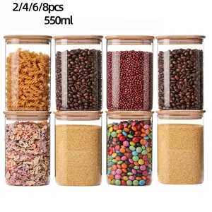 550ML Square Clear Glass Sturdy Storage Jars with Bamboo Lids, Airtight Canisters for Coffee, Candy, Oatmeal, Salad, Set of 2/4/6/8, Kitchen Food Containers