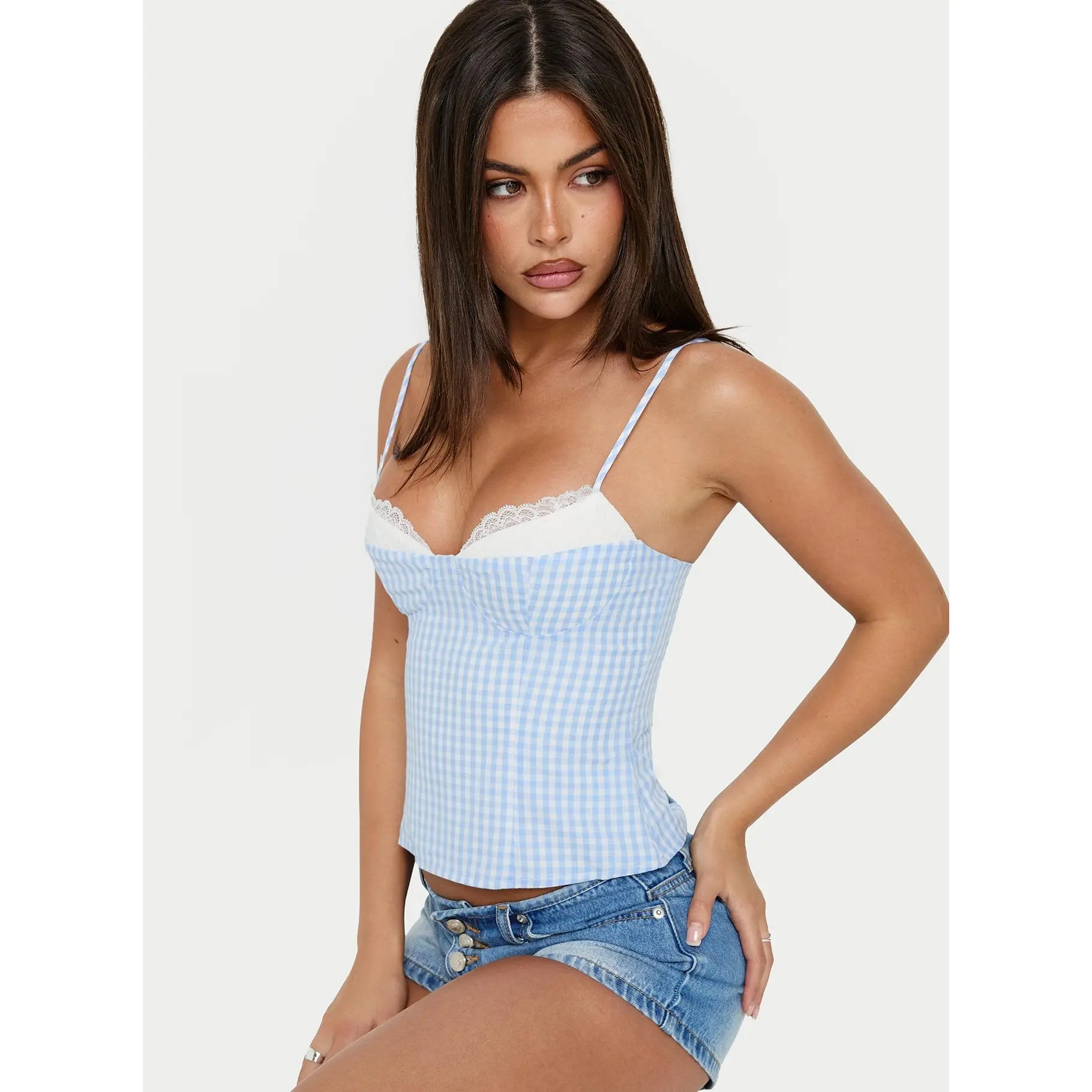 Baby Steps Spliced Bust Detail Cami Top Blue Gingham