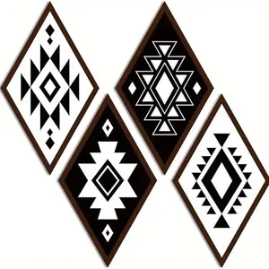 Bohemian Geometric Diamond Pattern Wooden Wall Hanging Decor, 4 Counts/set Wall Art Decor, Wall Decor for Home Living Room Bedroom, Hangable
