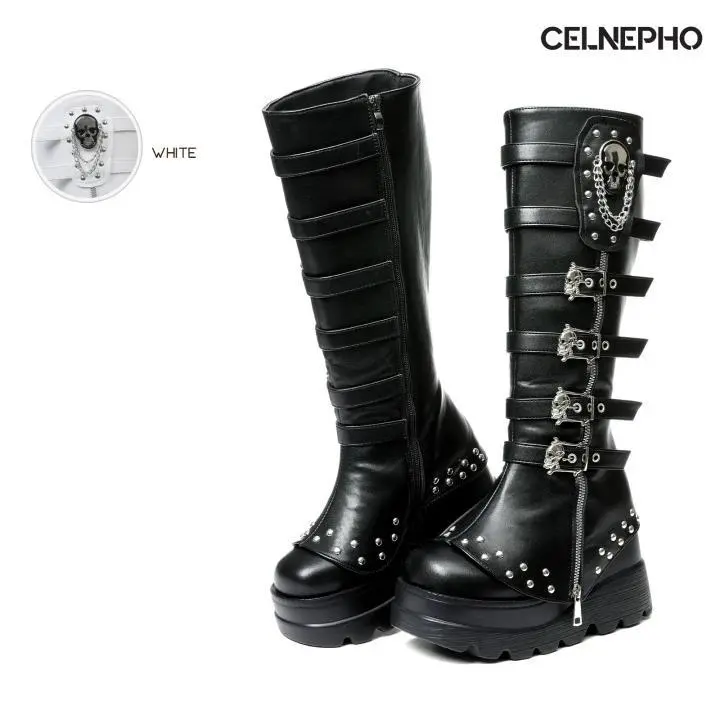 CELNEPHO Knee High Boots for Women Goth Punk Round Toe Fashionable Rivets Chunky Block Heel Go Go Platform Boot Multiple Metal Buckle Side Zipper Closure Easy Pull on for Cosplay Party Festival Party Trendy Fashion Summer  Dress Shoes