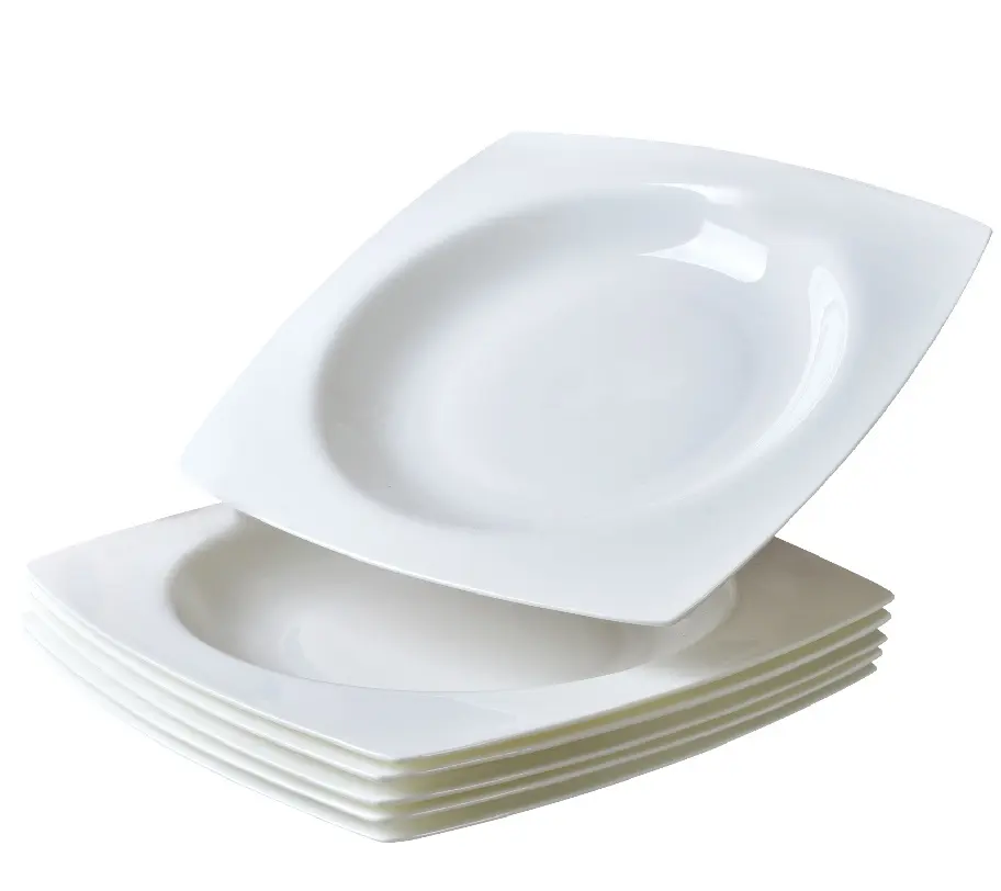 Elegant White Square Soup Plates Set of 6 9.5 Inch Bone China Ceramic Microwave & Dishwasher Safe for Pasta Salad Soup Steak Home or Restaurant Use