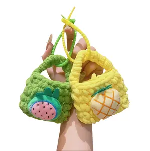Handmade Crochet Fruit Mini Bag 2PCS, Cute Plush Earbud Pouch, Watermelon Pineapple Strawberry Carrot Keychain Purse, Aesthetic Woven Storage Bag for Keychain, Coin, Headphone