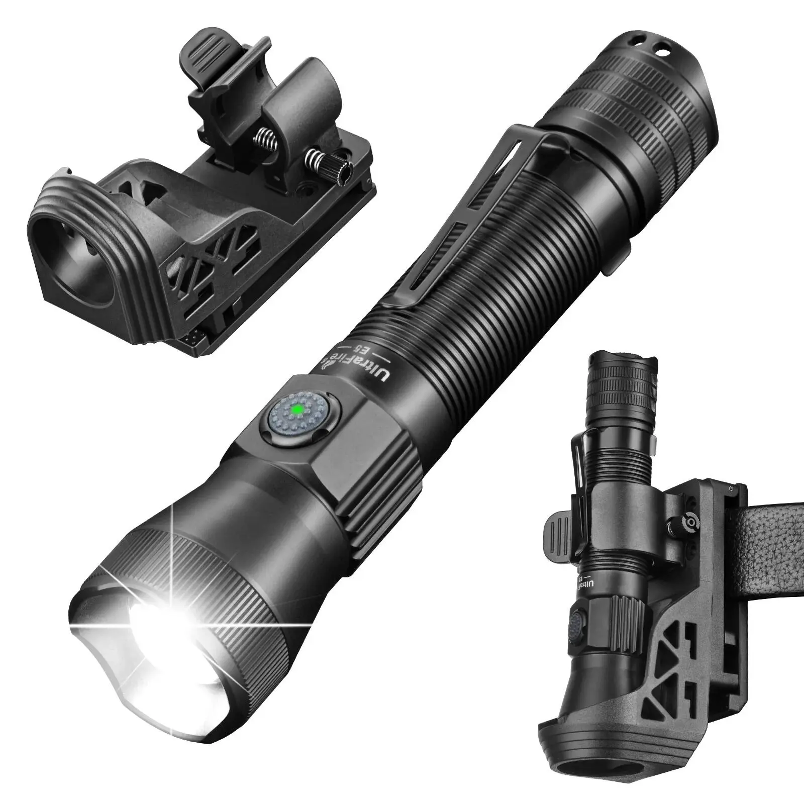 UltraFire E5 Tactical Flashlight with 360° Rotating Belt Holster, 1350 High Lumens Rechargeable Security Work Light, Zoomable LED Torch for Emergency