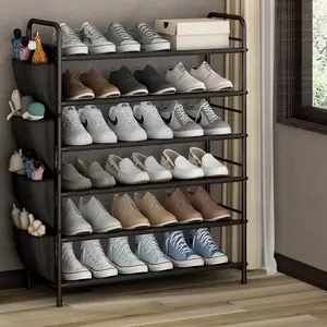 6 Tier Shoe Rack Storage Organizer for Entryway Closet Bedroom Free Standing Metal Shoe Shelf Compact Shoe Organizer with Side Bag Garage Smooth