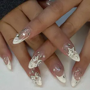 Glossy Punk Bow Star Decoration Fake Nails With Jelly Glue & Rubbing Strip, 24pcs Removable Nail Art Kit, Artificial Full Covers For Women & Girls, Nail Art Design