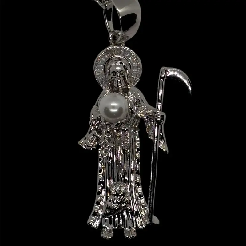 14K White Gold Plated Santa Muerte Necklace with a Pearl