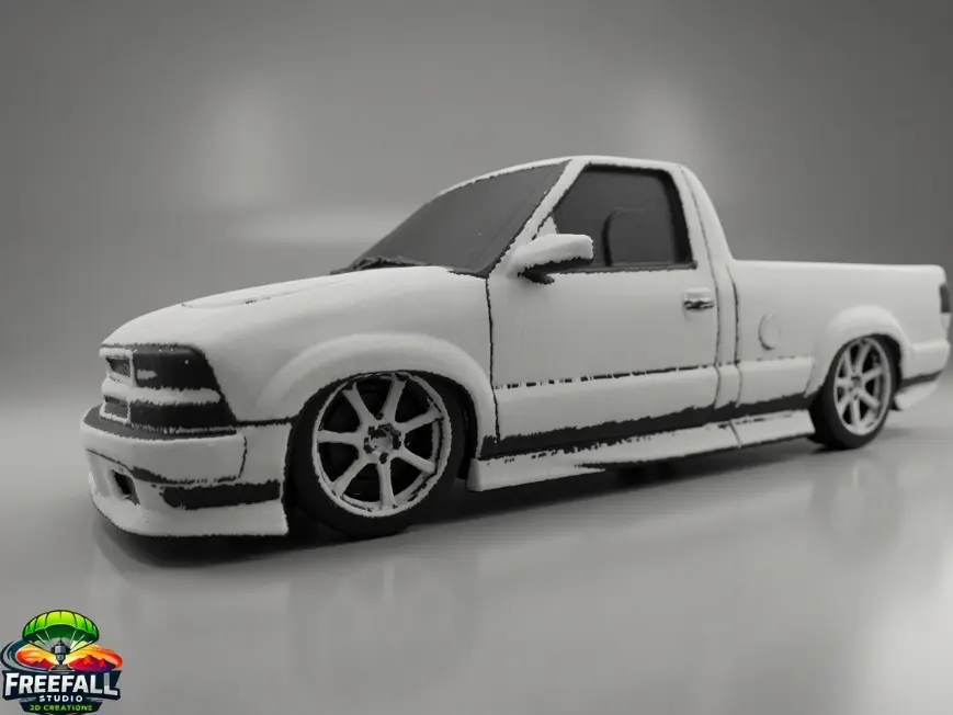 Custom 1:16 Scale Chevy S10 Mini Truck Diecast Model Car, 3.75" Tall, 11.5" Long, 3D Printed Body, Fade Graphics Collectible Toy
