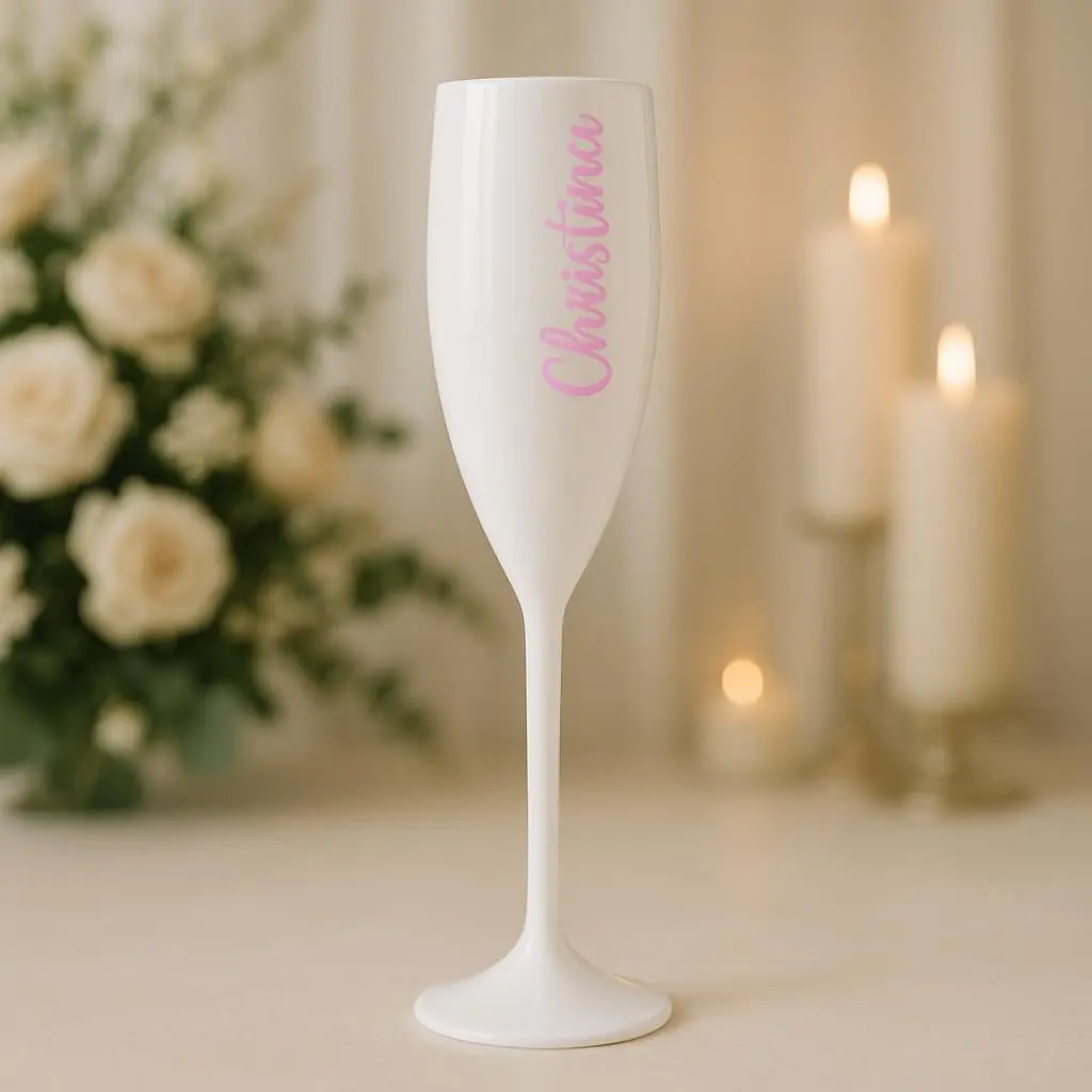 Personalized Plastic Champagne Flutes Wedding Party Custom Name Date Toasting Glasses Bridal Shower Reusable White Elegant Gift
