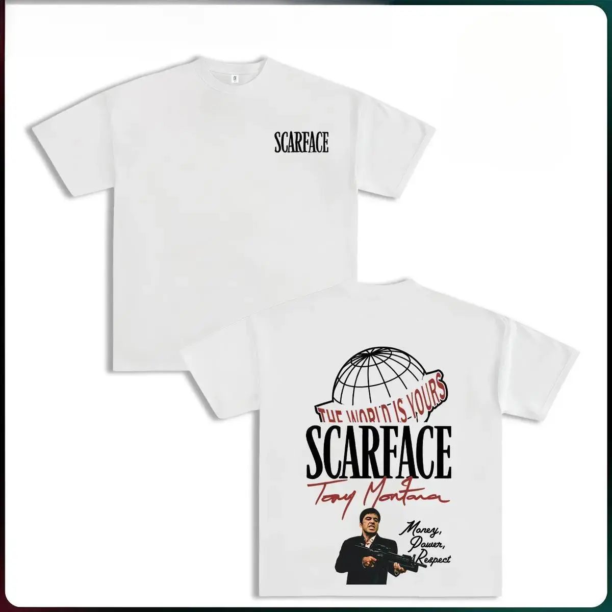 Men's Short-Sleeve 100% Pure Cotton Scarface Graphic Tee - 2-Sided The World is Yours Design, Tony Montana Iconic Image, Casual Crewneck, Y2K Streetwear, Gifts for Movie Fans/Streetwear Enthusiasts 052