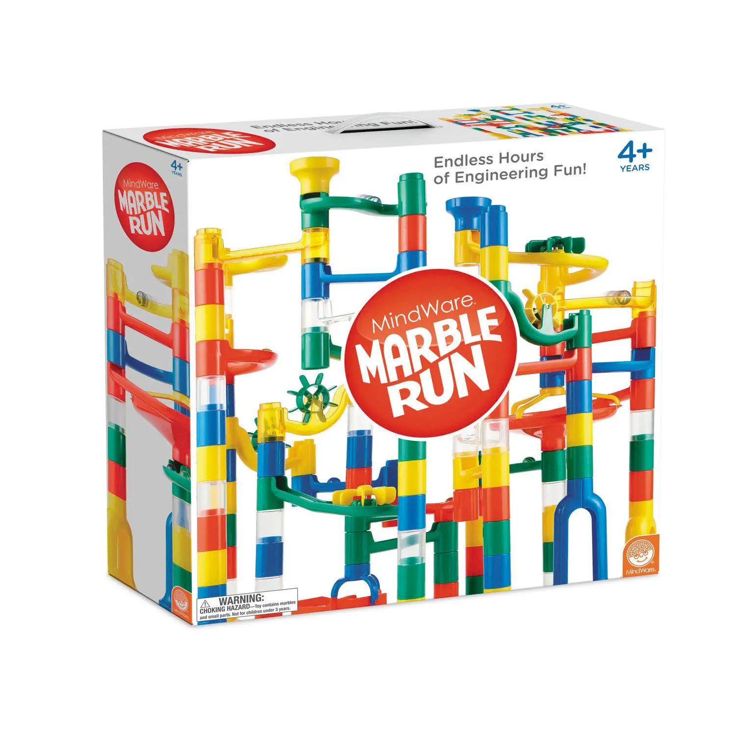 MindWare Marble Run - 103-Piece Vibrant Plastic STEM Buildable Blocks Kit with Marble Track & Carrying Handle for Ages 4+