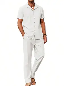 Men's casual suit-style short-sleeve shirt and loose straight-leg pants set — polyester fabric, machine washable