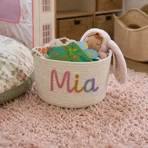Personalized Handmade Basket for Baby Shower Gift Toy Organizer I-Cord Knitting Craft Customizable Name Design