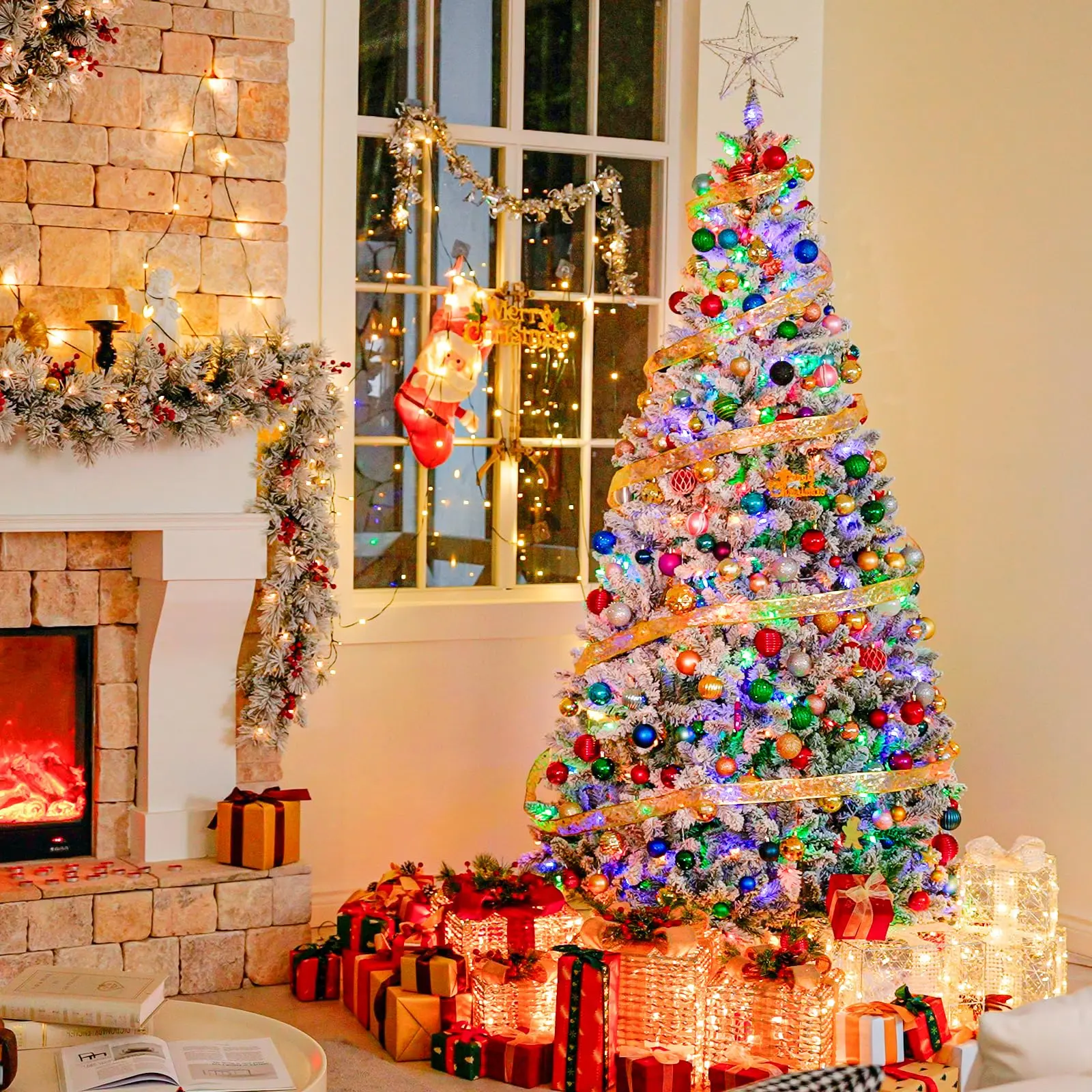 7.5 ft Prelit Christmas Tree with 1,446 Snow Flocked Branches | 450 Warm White And Multicolor Led Lights, 10 Lighting Modes, Foot Pedal, Hinged Design and Sturdy Metal Stand，