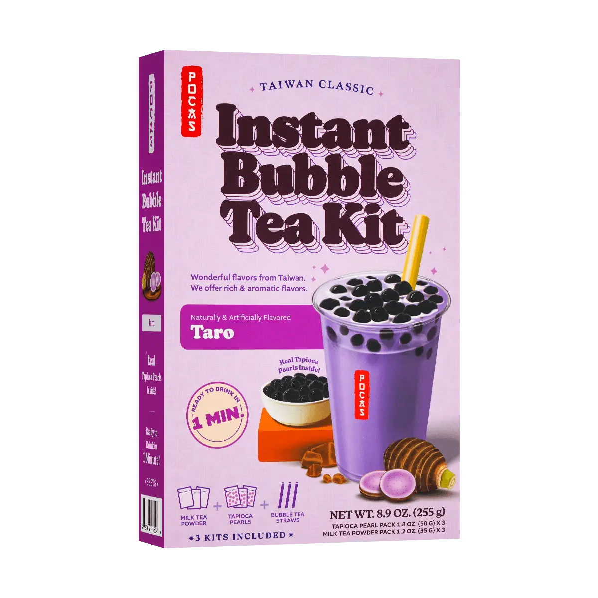 POCAS Taro Milk Tea Drink Kit - Instant Boba Pearls, 3 Servings (255g) - Ready to Drink, Easy Boba Kit with Tapioca Pearls & Straws
