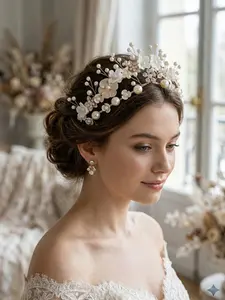 Elegant Bride Handmade Floral Pearl Crown Headband, Wedding Dress Party Princess Gold Leaf Rhinestone Hair Accessory