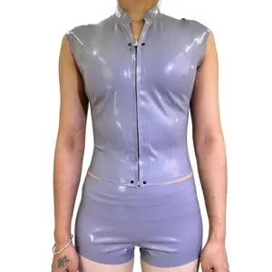 100% Pure Natural Latex Short-sleeved Suit Women's High Elasticity Slim Fit Short Top Set for Daily Wear and Party