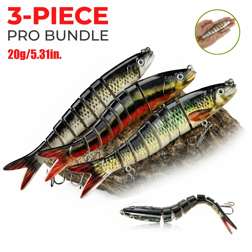 Jointed Swimbaits 3-Pack Set with Tackle Box, 5.3-Inch 8-Segment Sinking Lures with Realistic S-Swim Action for Bass, Trout & Pike Fishing, Outdoor Fishing Supplies, Artificial Fishing Lures