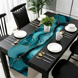 5/7 piece set - Marble style placemat and table flag set, heat-resistant and non slip coarse linen table mat, abstract blue, cyan, turquoise and gold colors, suitable for restaurant decoration, party dining table and kitchen decoration