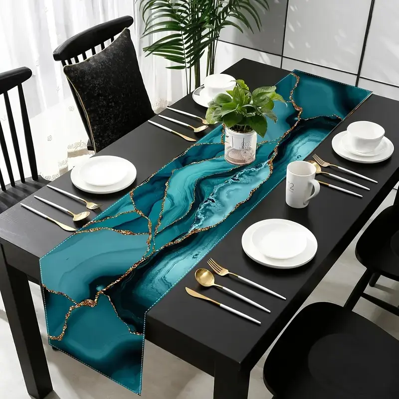 5/7 piece set - Marble style placemat, Dining table mats, and table flag set, heat-resistant and non slip linen table mat, abstract blue, gold colors, suitable for restaurant decoration, party dining table and kitchen decoration