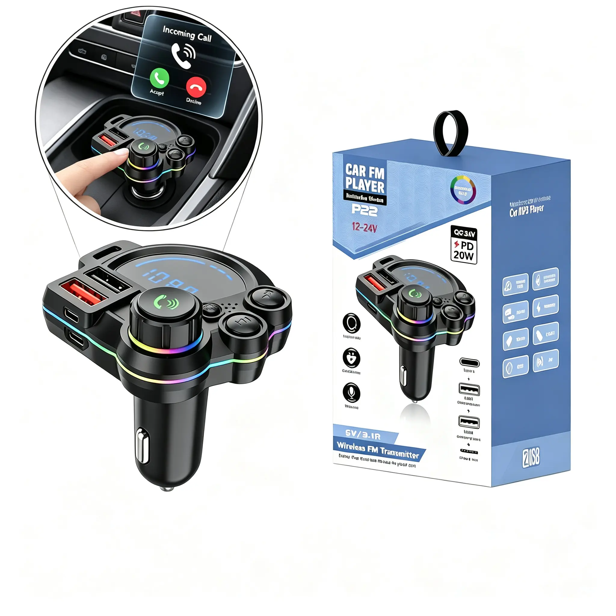 PD 20W Type-C Car Charger & Bluetooth 5.3 FM Transmitter, Dual USB Ports Car Accessory with RGB Glowing Radio Adapter, LED Display, Hands-Free Calls & MP3 Player, Compatible with 12V-24V