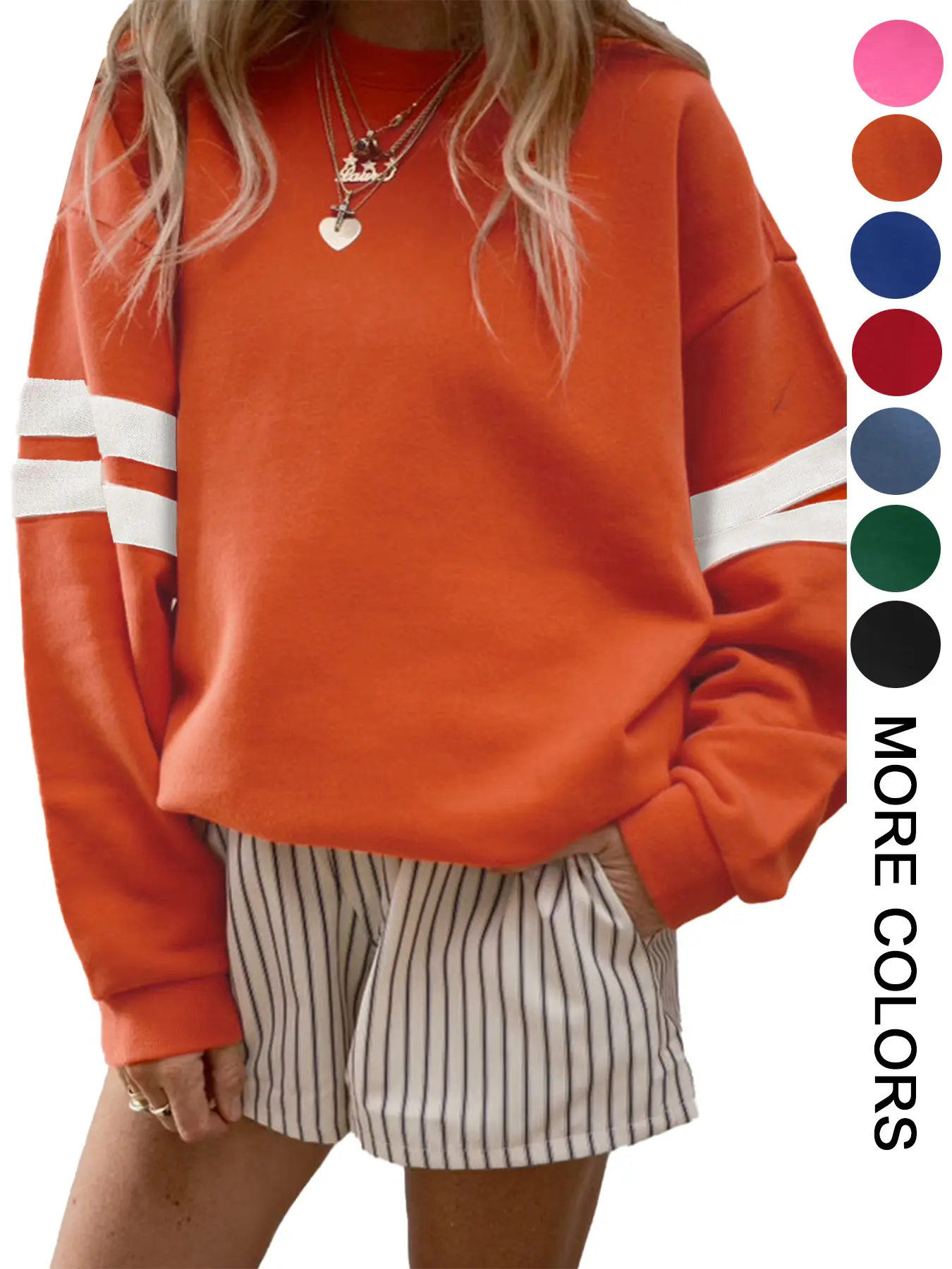 Women's Casual Sporty Loose-Fit Sweatshirt Crewneck for Fall and Winter, Long Sleeve Striped Design, Comfortable Oversized Drop-Shoulder Top, Lady Womenswear, Cozy Sweatshirts