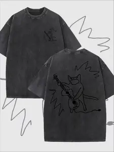 Extra Large Cotton T-Shirt with Cool Guitar Cat and Character - Soft Retro Music T-Shirt for Music Lovers - Great Gift for Birthdays, Concerts and Fans (Casual Wear)