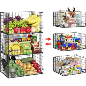 3 Pack Stackable Wire Baskets for Pantry Organizers and Storage, Large Pantry Baskets for Snack Organizer, Foldable Metal Storage Bins for Organizing Snack Can Fruit Vegetable & Toy