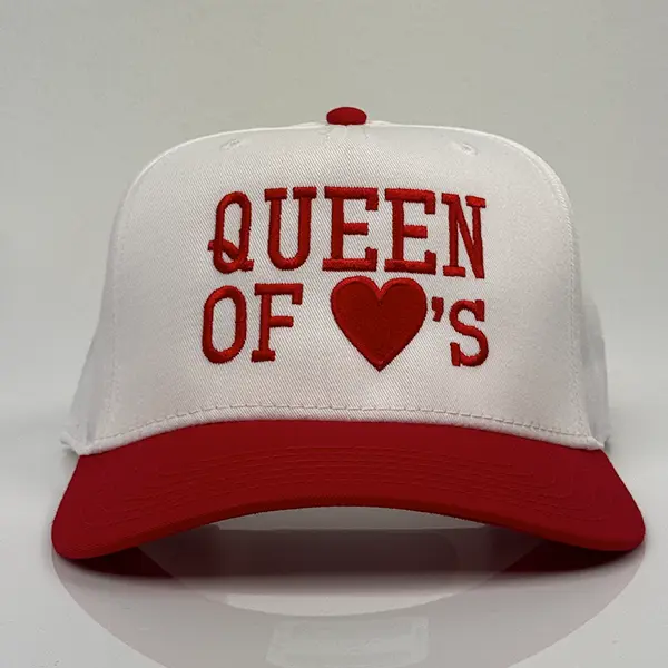 Queen of Heart's Trucker Hat - Red Thread, Structured Trucker with Full Buckram, 5-Panel Cap, Machine Embroidered, Unique Design