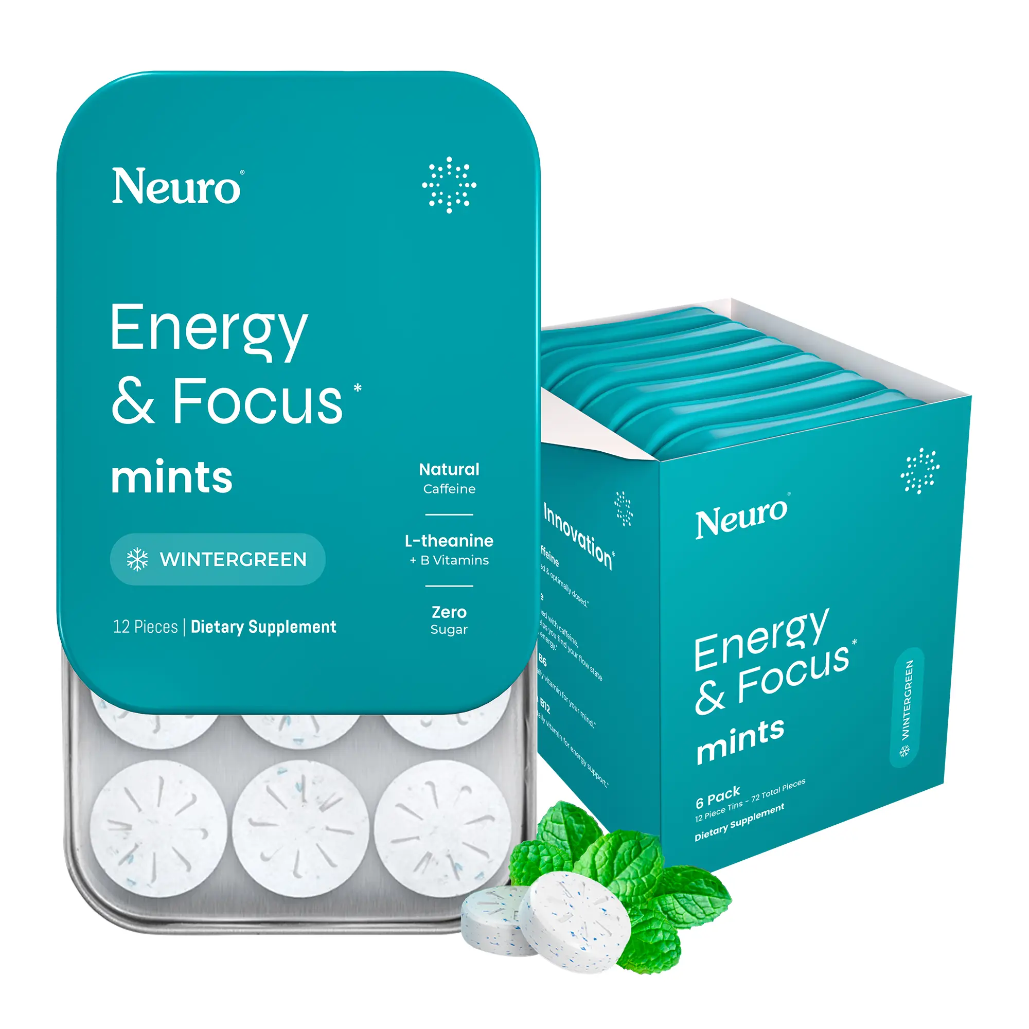 Neuro Energy Caffeine Mints (72 Pieces) - Sugar-Free Nootropic Mints for Energy & Focus with L-theanine, Natural Caffeine, Vitamin B12 & Vitamin B6 -