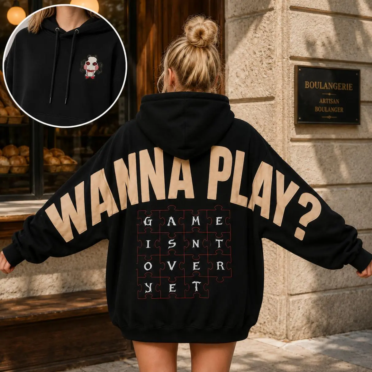 Vintage 90's Saw Tobin Bell Shoulder-to-Shoulder Back Lettering Sweatshirt Hoodie, Halloween Horror Movie Graphic Fan Tee Shirt