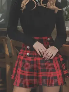Women's Plaid Print Double Button High Waist Woven Skirt, Casual Fashion Short A Line Skirt, Ladies Bottoms for Summer, Fitted