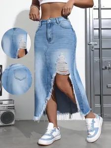 Women's Summer Asymmetrical Front Slit High Split Denim Skirt, Irregular Long Straight Tube A-Line Dress, Fashionable Casual Wear