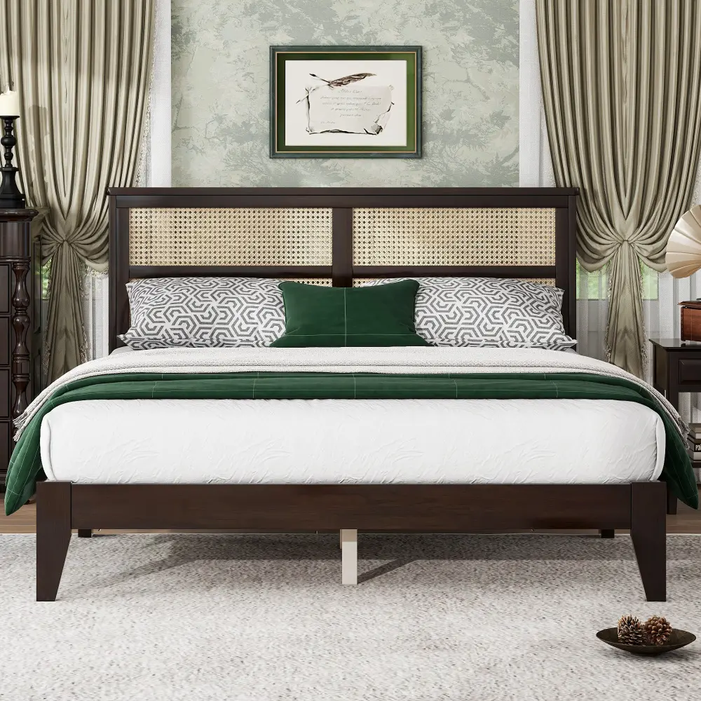 Queen Size Solid Wood Bed Frame - Vintage Rattan Weave Headboard, Espresso Finish, Underbed Storage Space Support, Underbed Space