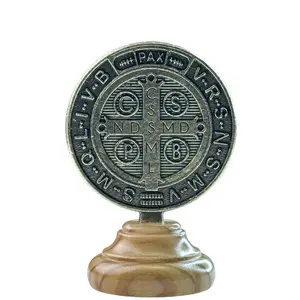 Saint Benedict Medal with Olive Wood Base Decor Religious