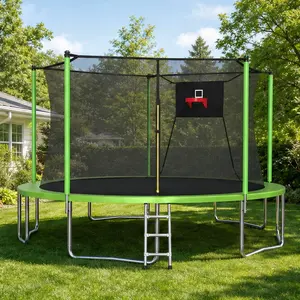 ARCH 14FT High-Bounce Outdoor Trampoline with Enclosure Net, Heavy-Duty Galvanized Steel Frame, UV-Proof Safety Net, W-Shaped Legs, Ladder, Green, for Family Backyard Fitness (Kids & Adults Compatible), High-Bounce Outdoor Trampolines