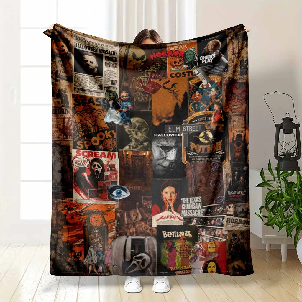 Vintage Halloween Gothic Collage Flannel Blanket Pumpkin Skull Poster Print Super Soft Warm Lightweight Cozy Throw for Sofa Bed Dorm Party Cinema Night Gift