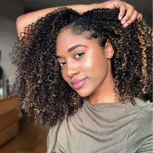 [Wear Go Half Wig] BGMgirl Ombre Brown Highlight Kinky Curly Half Wig 1B/30 Color Invisible Hairline Glueless Human Hair Seamless Flip Over Updo Down Style Hairpiece Colored Wig