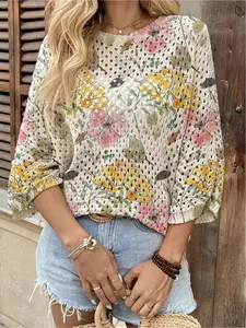 Spring & summer Bohemian Boho Floral knit top, round neck, hollow-out batwing sleeves, loose fit. Contrast gradient print, lightweight. Perfect for daily, commute, vacation & beach bikini cover-up.