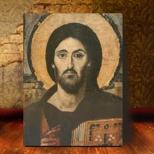 Handcrafted Greek Orthodox Jesus Christ Image - Wooden Frame Art, Traditional Religious Wall Decoration, Religious Decor, Spiritual Decoration, Religious Decorations, Classic Aesthetics, Craftsmanship