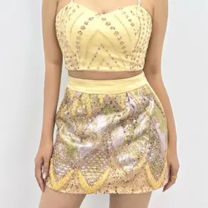 Sequin Crop Top - Yellow Sequin Crop Top with Gold Sequins and Floral Pattern, Sleeveless, Round Neck, Casual Style