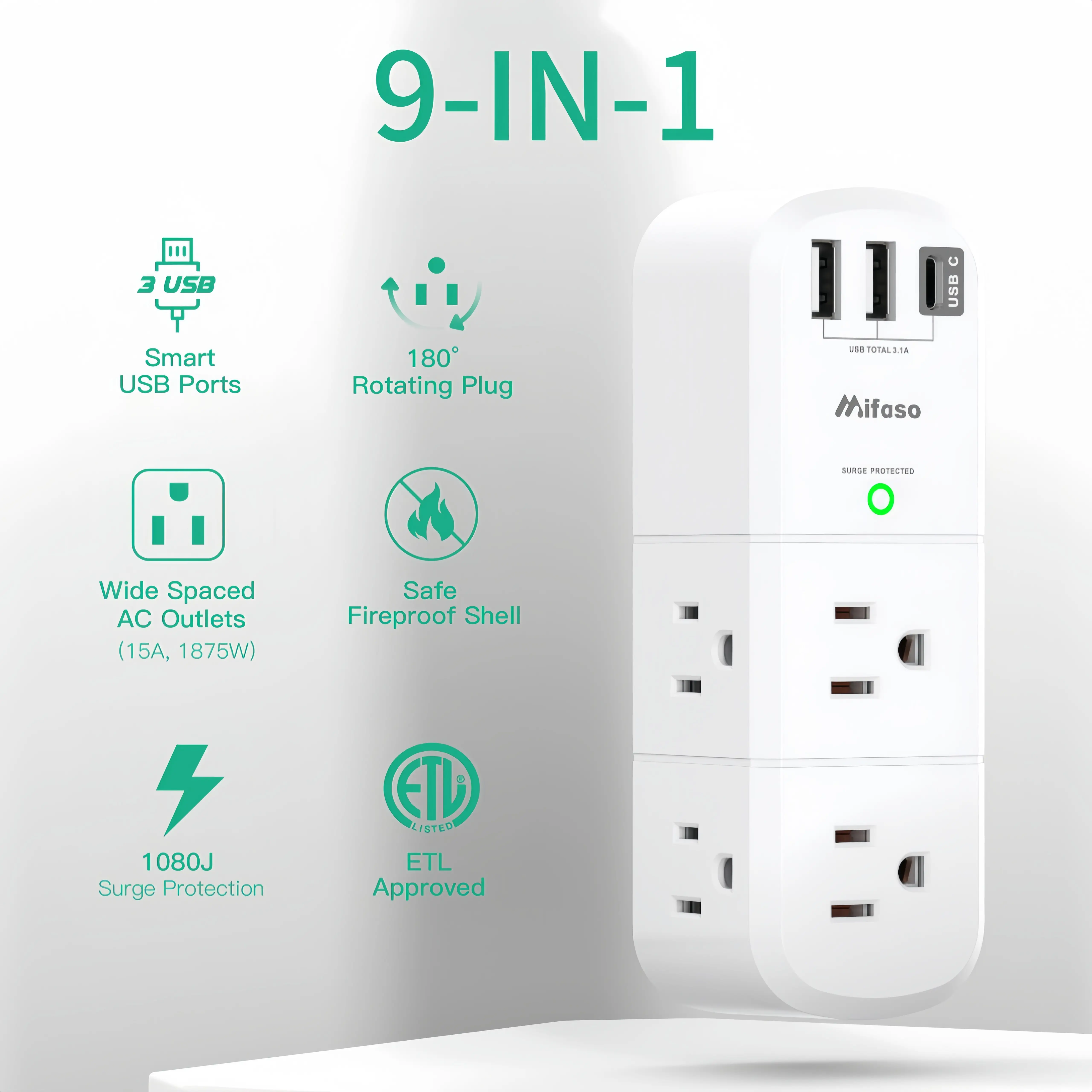 MIFASO Rotating 9-in-1 USB Wall Outlet with 6 AC Outlets, 3 USB Ports (1 USB-C), 1800J Surge Protector, Smart Charging, ETL Certified – Ideal for Home