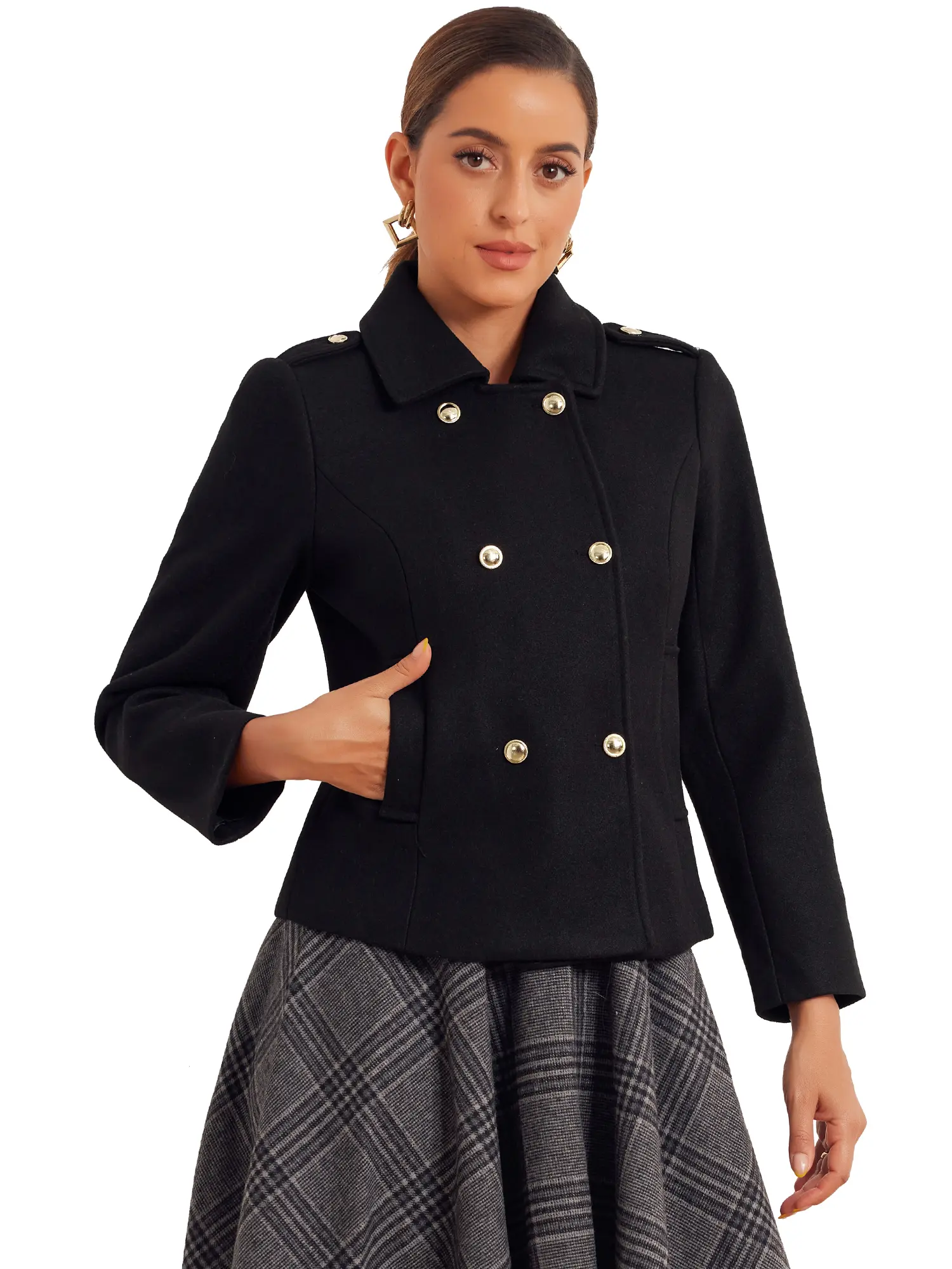 INSPIRE CHIC Pea Coat Woolen Blend Classic Collar Double Breasted Overcoat Winter Outerwear