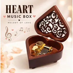 Musical Box + Pursuestar Heart Shaped Wooden Music Box + Vintage Hollow Out Design, Wind Up Mechanism, Plays You are My Sunshine + Keepsake Musical Gift + Holiday Festival Decor + Perfect for Birthday Christmas Mother's Day Valentine's Day Presents