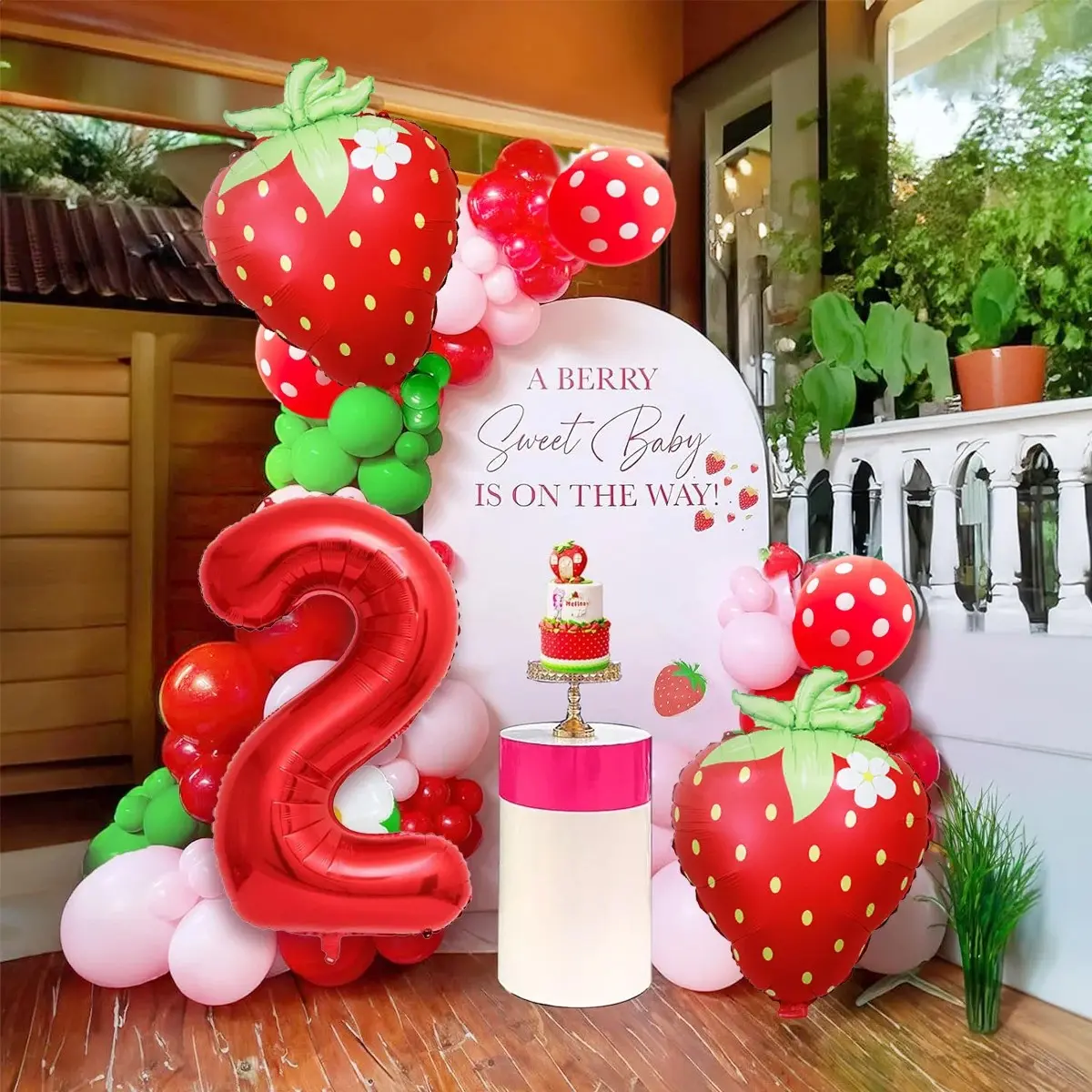 13pcs Strawberry Theme Balloon Set, 40-Inch Numbers 0-9, Polka Dot Latex Balloons, Party Decor for Girl's Birthday, Graduation, Photoshoot, Balloon Decorations Kit