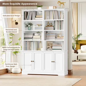 FOTOSOK 73" White Bookshelf, 6-Tier Tall Bookshelf with Doors Double Wide Freestanding Multi-Tier Bookcases and Large Bookshelves with Storage