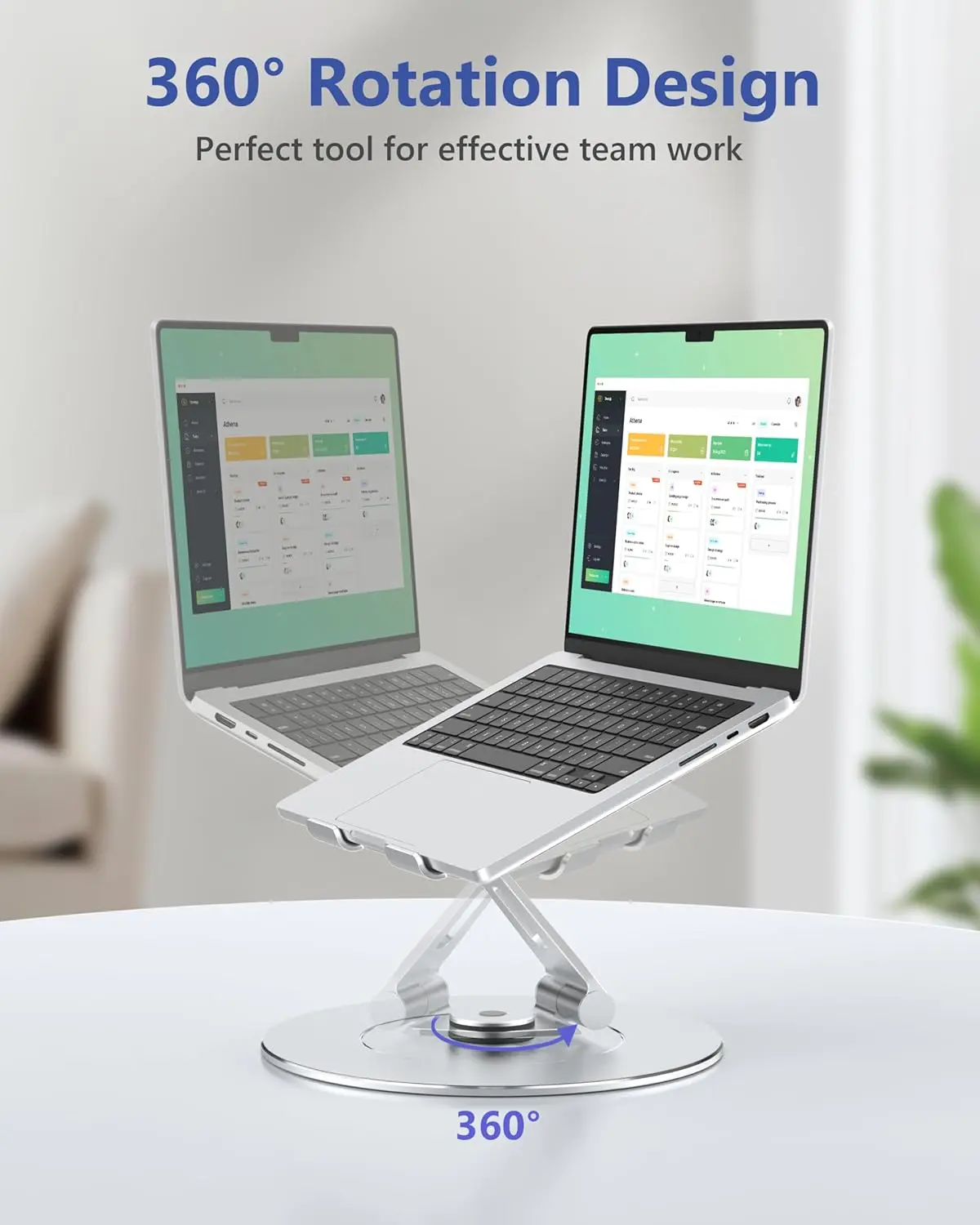 Ergonomic Aluminum Laptop Stand - 360° Rotating Base with Height Adjustable Design for Better Posture & Cooling